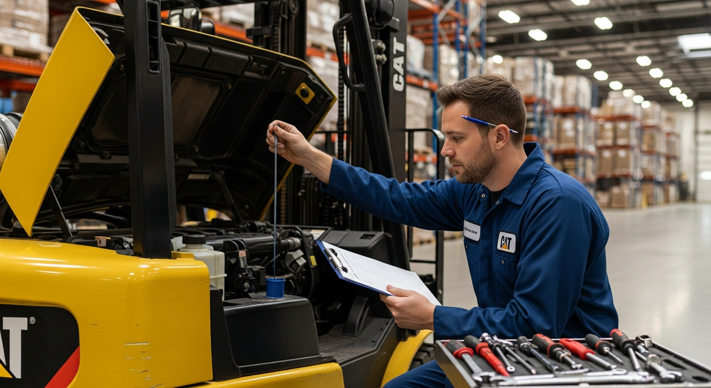 Technician performing forklift preventative maintenance